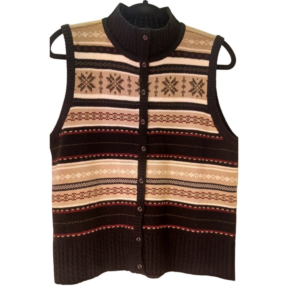 VTG KB Collections Women's Medium Fair Isle Sweater Vest Black & Tan Nordic Knit